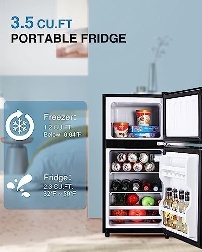 Kazigak Compact Refrigerator Double Door Mini Fridge with Freezer, 3.5 CU FT Mini Refrigerator with 7 Level Adjustable Thermostat for Office, Dorm, Apartment, Black
