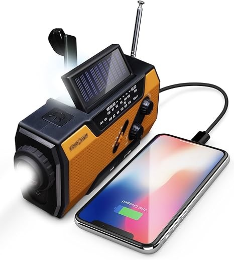 FosPower Emergency Weather Radio (Model A1) NOAA/AM/FM with 7400mWh Portable Power Bank, USB/Solar/Hand Crank Charging, Battery Operated, SOS Alarm & Flashlight for Indoor/Outdoor Emergencies